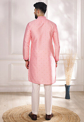 Woven Art Silk Jacquard Kurta Set in Pink
