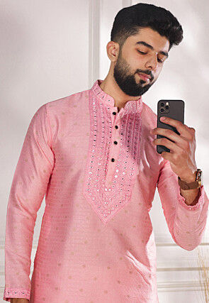 Woven Art Silk Jacquard Kurta Set in Pink