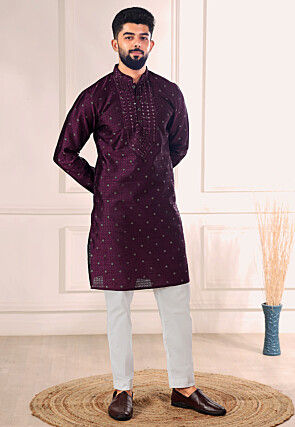 Woven Art Silk Jacquard Kurta Set in Purple