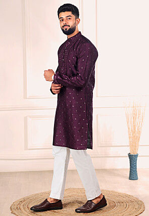 Woven Art Silk Jacquard Kurta Set in Purple
