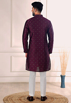 Woven Art Silk Jacquard Kurta Set in Purple