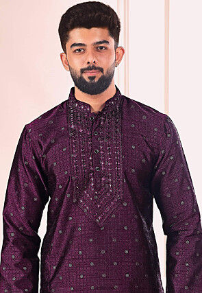 Woven Art Silk Jacquard Kurta Set in Purple