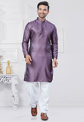 Woven Art Silk Jacquard Kurta Set in Purple