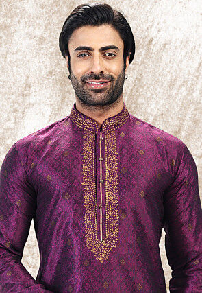 Woven Art Silk Jacquard Kurta Set in Purple