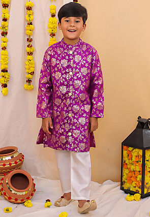Woven Art Silk Jacquard Kurta Set in Purple