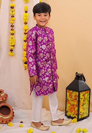 Woven Art Silk Jacquard Kurta Set in Purple