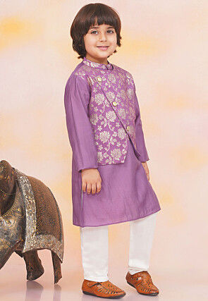 Woven Art Silk Jacquard Kurta Set in Purple