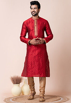 Woven Art Silk Jacquard Kurta Set in Red