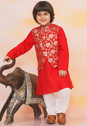Woven Art Silk Jacquard Kurta Set in Red