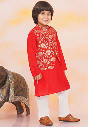 Woven Art Silk Jacquard Kurta Set in Red