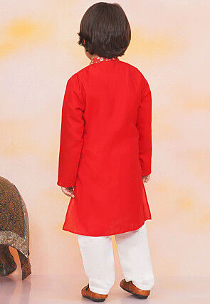 Woven Art Silk Jacquard Kurta Set in Red