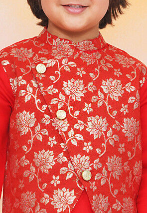 Woven Art Silk Jacquard Kurta Set in Red