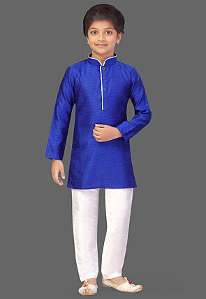 Woven Art Silk Jacquard Kurta Set in Royal Blue