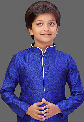 Woven Art Silk Jacquard Kurta Set in Royal Blue