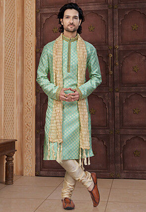 Woven Art Silk Jacquard Kurta Set in Sea Green