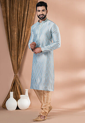 Woven Art Silk Jacquard Kurta Set in Sky Blue