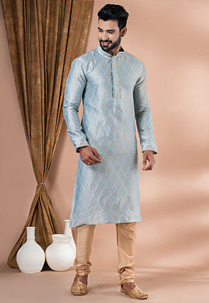 Woven Art Silk Jacquard Kurta Set in Sky Blue