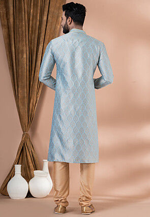 Woven Art Silk Jacquard Kurta Set in Sky Blue
