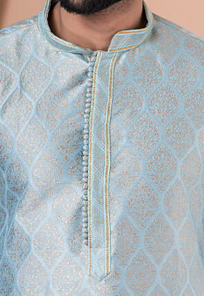 Woven Art Silk Jacquard Kurta Set in Sky Blue