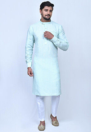Woven Art Silk Jacquard Kurta Set in Sky Blue