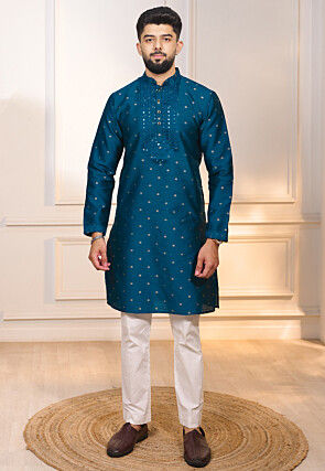 Woven Art Silk Jacquard Kurta Set in Teal Blue