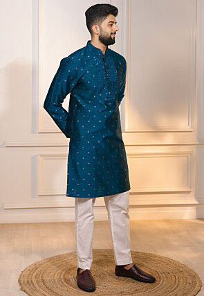 Woven Art Silk Jacquard Kurta Set in Teal Blue