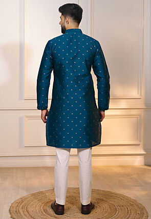 Woven Art Silk Jacquard Kurta Set in Teal Blue