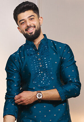 Woven Art Silk Jacquard Kurta Set in Teal Blue