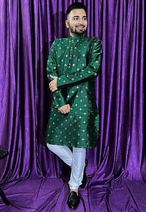 Woven Art Silk Jacquard Kurta Set in Teal Green