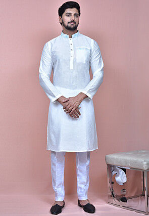 Woven Art Silk Jacquard Kurta Set in Off White