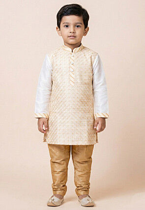 Woven Art Silk Jacquard Kurta Set in White