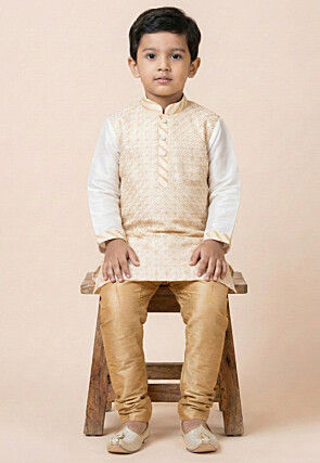 Woven Art Silk Jacquard Kurta Set in White