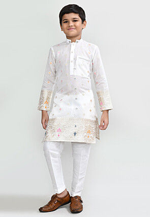 Woven Art Silk Jacquard Kurta Set in White