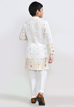 Woven Art Silk Jacquard Kurta Set in White