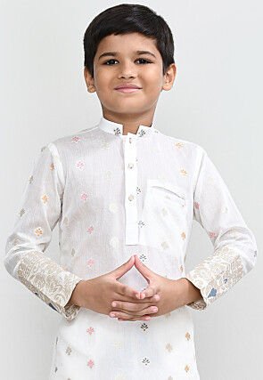 Woven Art Silk Jacquard Kurta Set in White