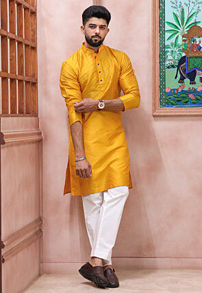 Woven Art Silk Jacquard Kurta Set in Yellow