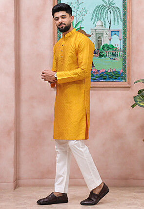 Woven Art Silk Jacquard Kurta Set in Yellow