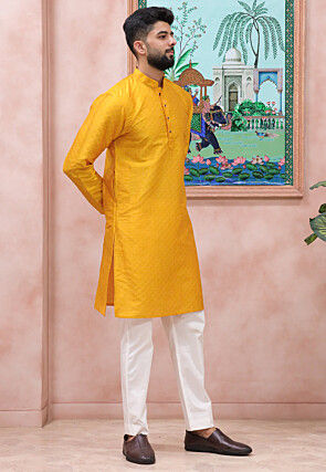 Woven Art Silk Jacquard Kurta Set in Yellow