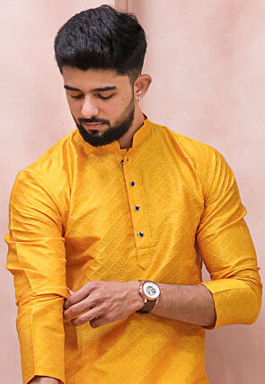 Woven Art Silk Jacquard Kurta Set in Yellow