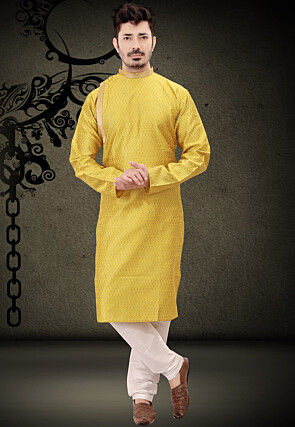 Woven Art Silk Jacquard Kurta Set in Yellow