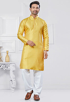 Woven Art Silk Jacquard Kurta Set in Yellow