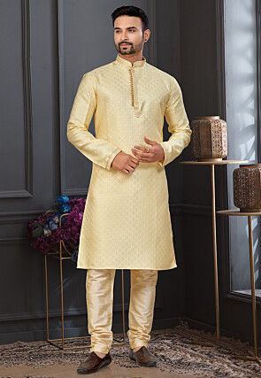 Woven Art Silk Jacquard Kurta Set in Yellow