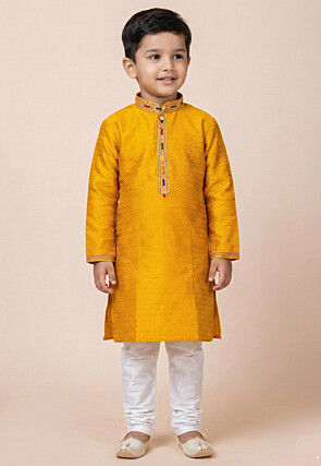 Woven Art Silk Jacquard Kurta Set in Yellow