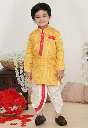 Woven Art Silk Jacquard Kurta Set in Yellow