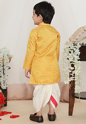 Woven Art Silk Jacquard Kurta Set in Yellow