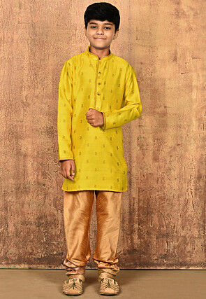 Woven Art Silk Jacquard Kurta Set in Yellow