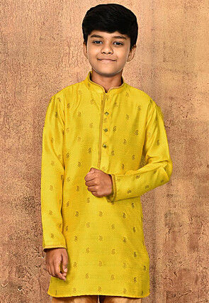 Woven Art Silk Jacquard Kurta Set in Yellow