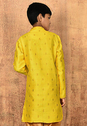 Woven Art Silk Jacquard Kurta Set in Yellow