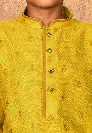 Woven Art Silk Jacquard Kurta Set in Yellow