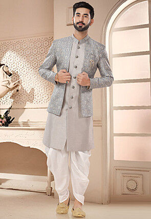 Woven Art Silk Jacquard Layered Sherwani in Grey